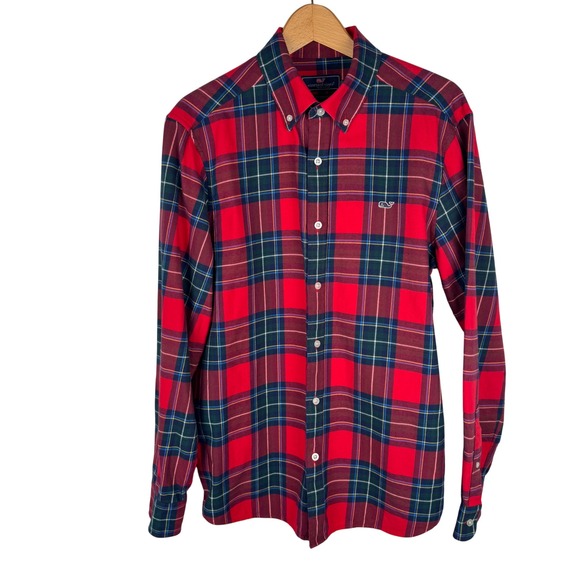 Vineyard Vines Classic Fit Whale Shirt Mens Medium Red Plaid Flannel Preppy - Picture 4 of 7